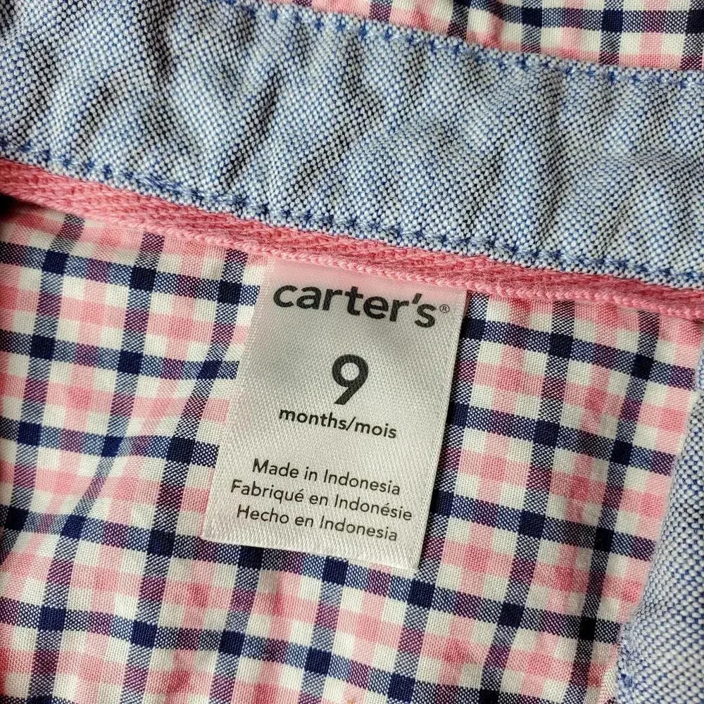 Carter's Baby Boy Size 9m Pink and Blue Plaid 100% Cotton Button Down Shirt